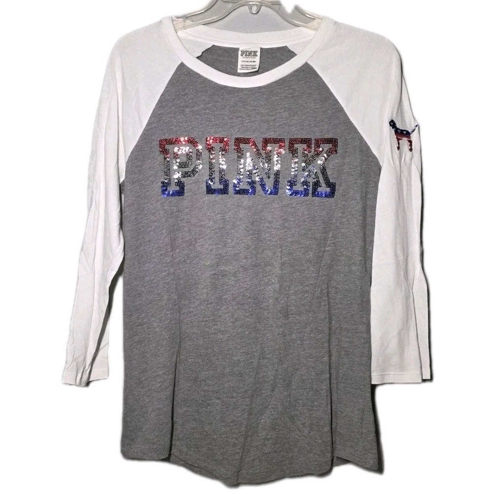 VS Pink Womens Size Small 2017 Bling Sequins Patriotic Baseball Tee Shirt